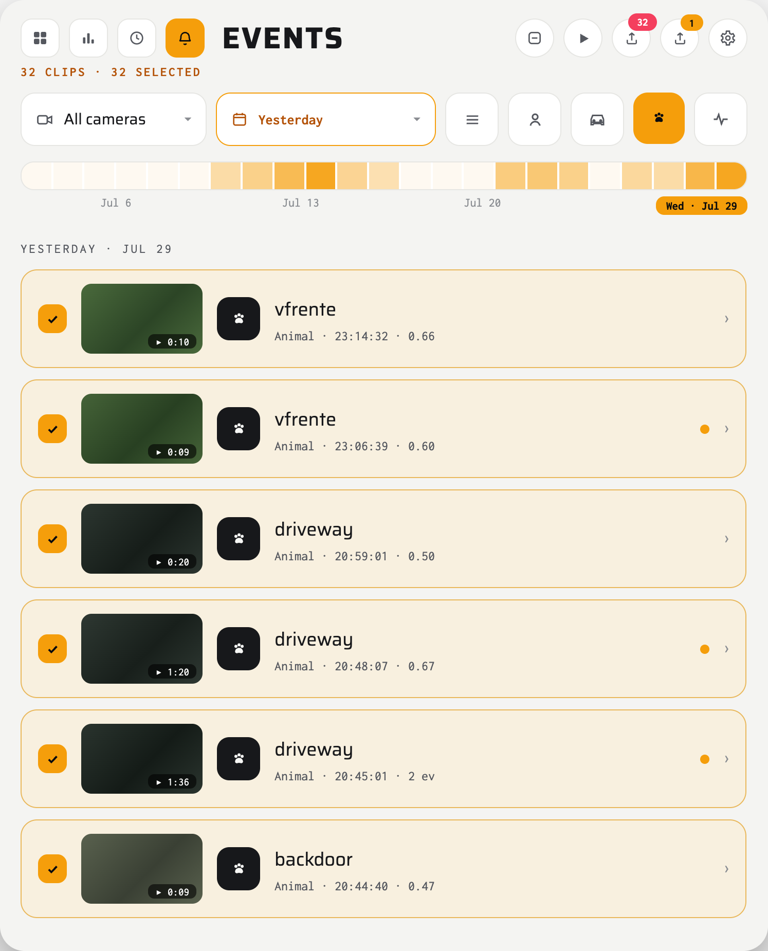 The Events screen in light theme, with 32 clips selected for export. A design render.