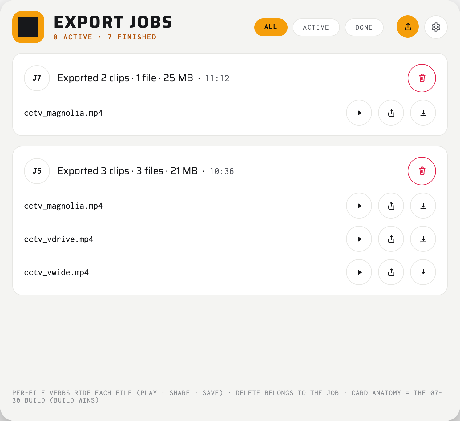 The Export jobs screen in light theme: queued and finished export jobs as cards. A design render.