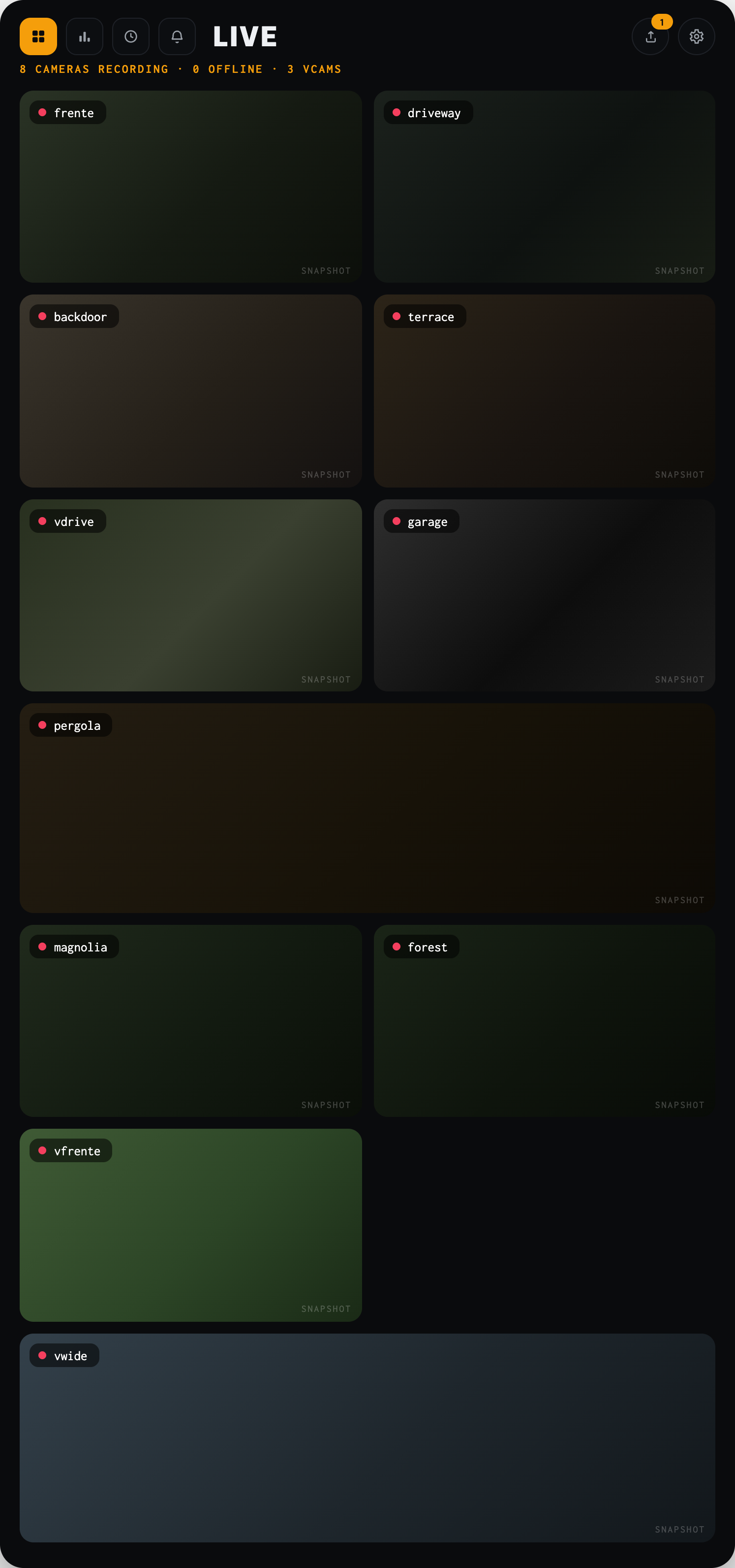 The Live screen in dark theme: the camera wall as a phone sees it, every tile at its true aspect. A design render with placeholder footage.