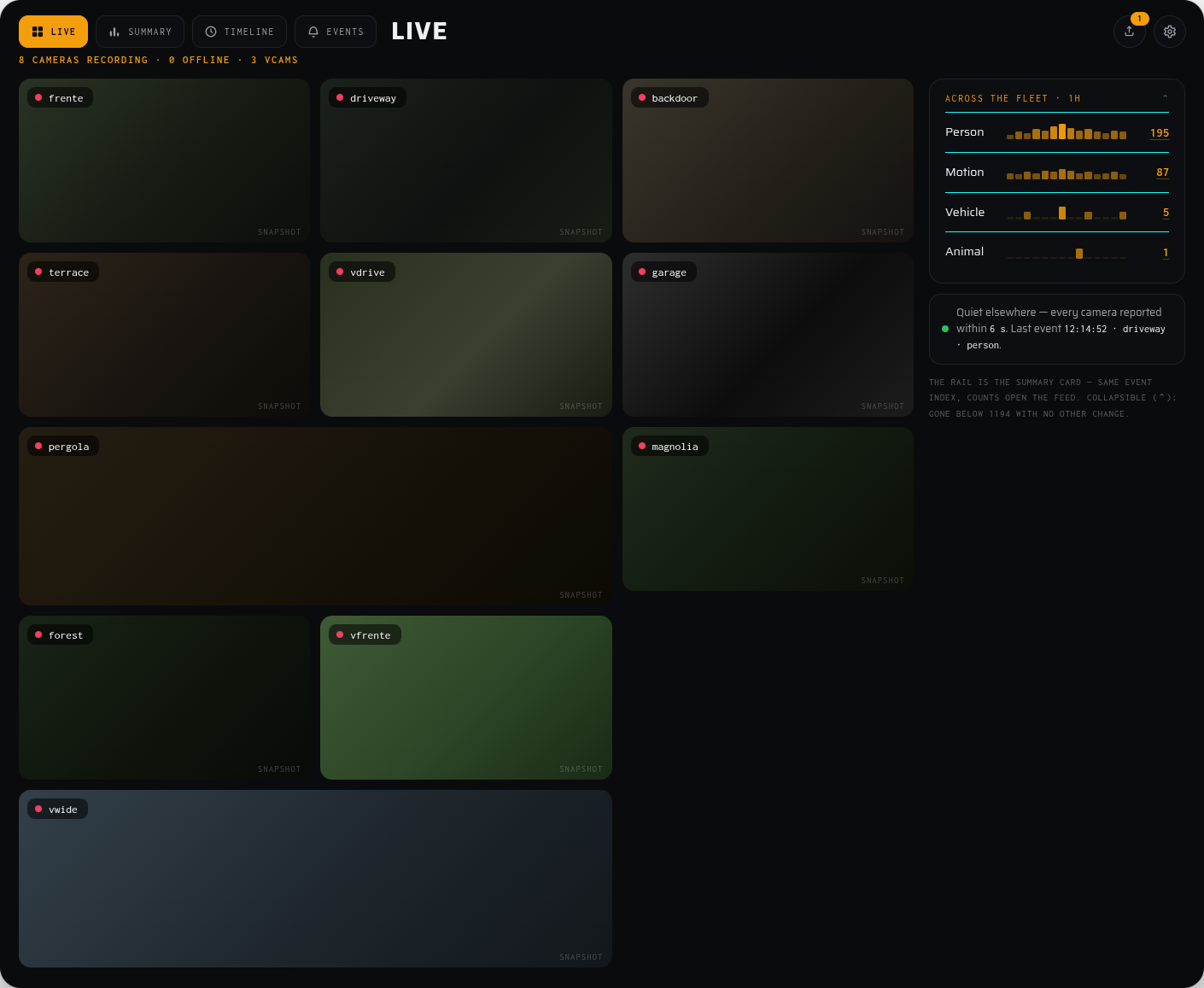 The live wall screen: eight cameras and three vcams as tiles, each at its true aspect, with the fleet event rail alongside. A design render, not footage.